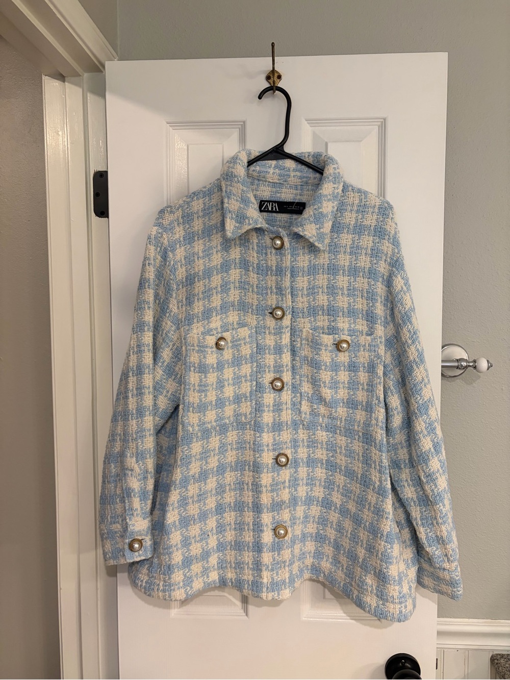 Zara Blue White Houndstooth Tweed Overshirt Pearl Button Shacket Large